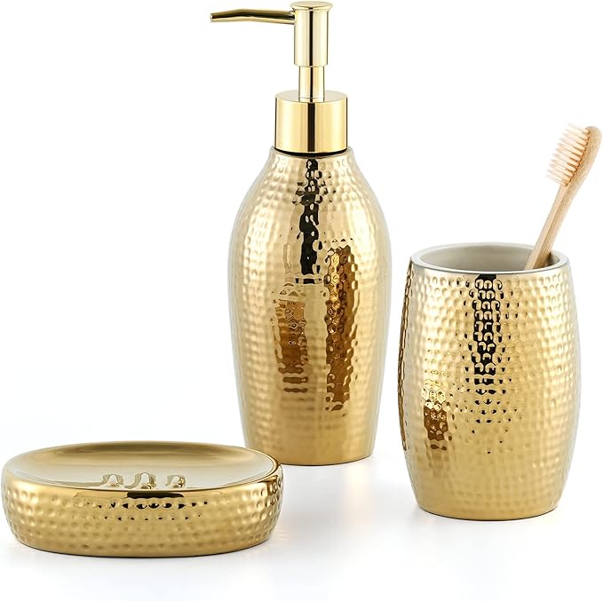 Gold Bathroom Accessory Set - 3 Piece Decorative Ceramic Bathroom Accessories Sets with Lotion Soap Dispenser, Toothbrush Holder/Tumbler and Soap Dish, Golden Gift Set for New Home Decor