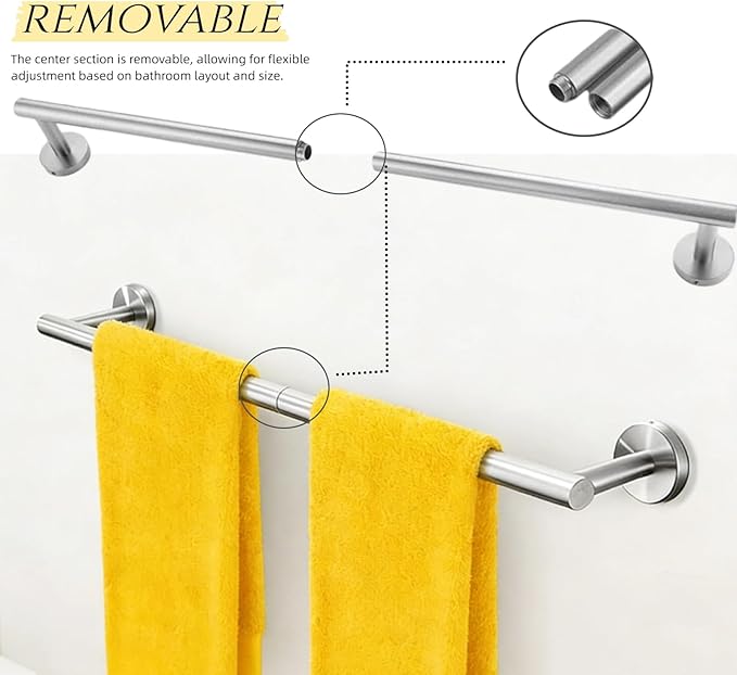 5Pcs Bathroom Hardware Accessories, 24 Inch Brushed Nickel Bath Towel Bar Set, Toilet Paper Holder and Towel Ring, Stainless Steel Wall Mounted Towel Rack Set, Center Section Removable