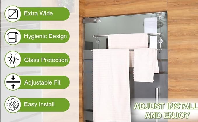 Insieme Extra Wide (32"x 16"x 4.7”) Towel Rack for Over Glass Shower Wall or Glass Shower Enclosure (Frameless or Frames up to 1.6" Thick). 2 Tier - Stainless Steel - No Rust