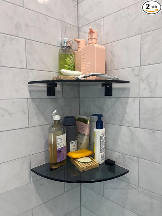 Bakzon 2-Pack Glass Shelf Shower Caddie, Shower Shelves for Inside Shower, Drilling Free Adhesive Wall Mounted Bathroom Organizer Shelves with Aluminium Brackets, Black
