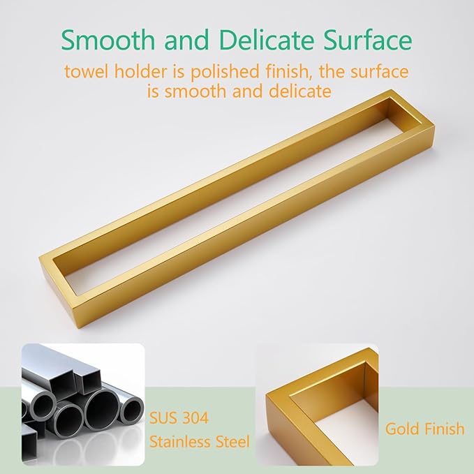 Miyili 15-3/4 Inch Bathroom Towel Bar Gold Stainless Steel Wall Mounted Hand Towel Holder for Kitchen