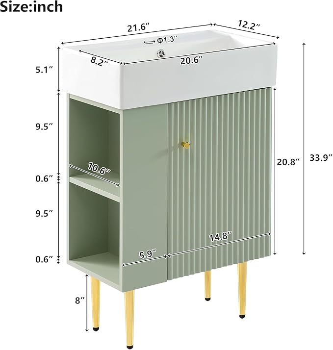 Virubi 21.6 in Small Bathroom Vanity with Sink,Doors and Storage Shelves,Wood Modern Single Fluted Bathroom Sink Cabinet Freestanding (Green,Left Shelf)