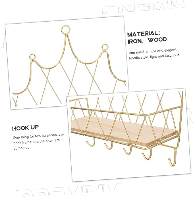 VALICLUD Crown Shaped Wall Storage Rack with Hook Decorative Floating Shelf Golden Color Easy to Install Suitable for Bedroom Bathroom Living Room Home Decor