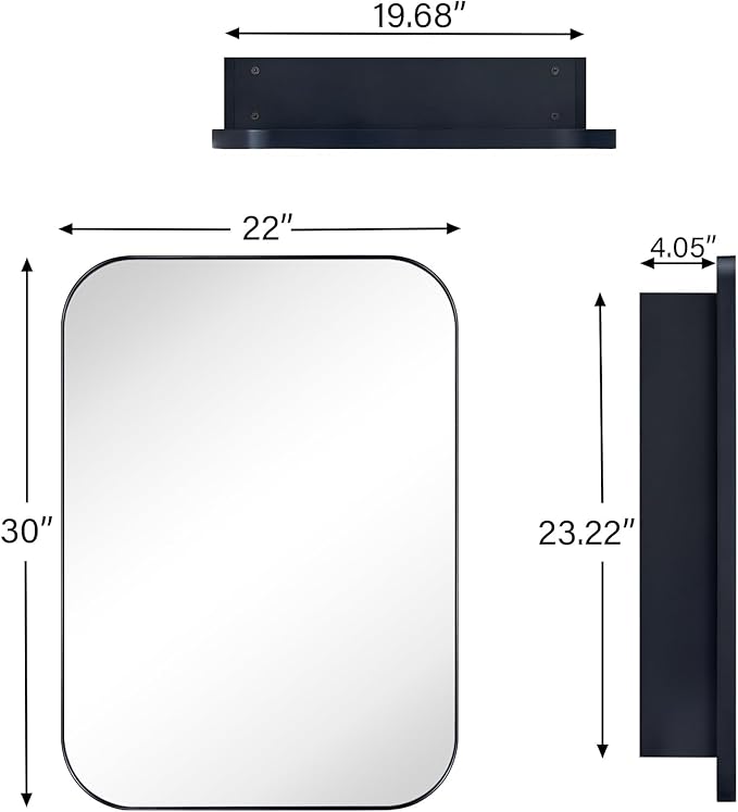 TEHOME Black Rectangle Bathroom Medicine Cabinet with Mirror Matt Black Recessed and Surface Mount Stainless Steel Metal Framed Rounded Rectangular Bathroom Cabinet with Mirror 22x30''