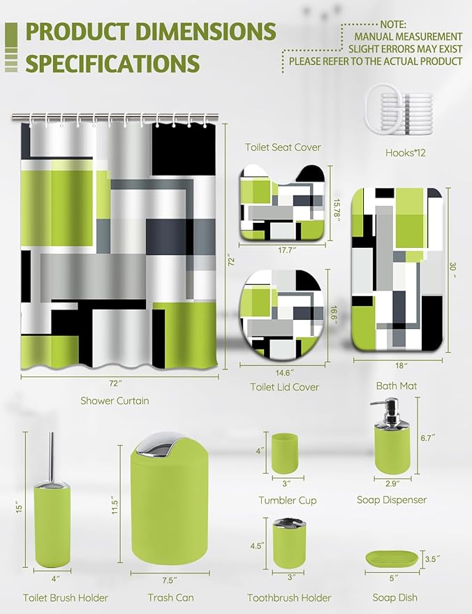 Lnond Green Bathroom Set, 22-Piece Green Black Geometry Bathroom Decor Set with with Shower Curtain and Rugs, Trash Can, Toilet Brush Holder Set & Soap Dispenser