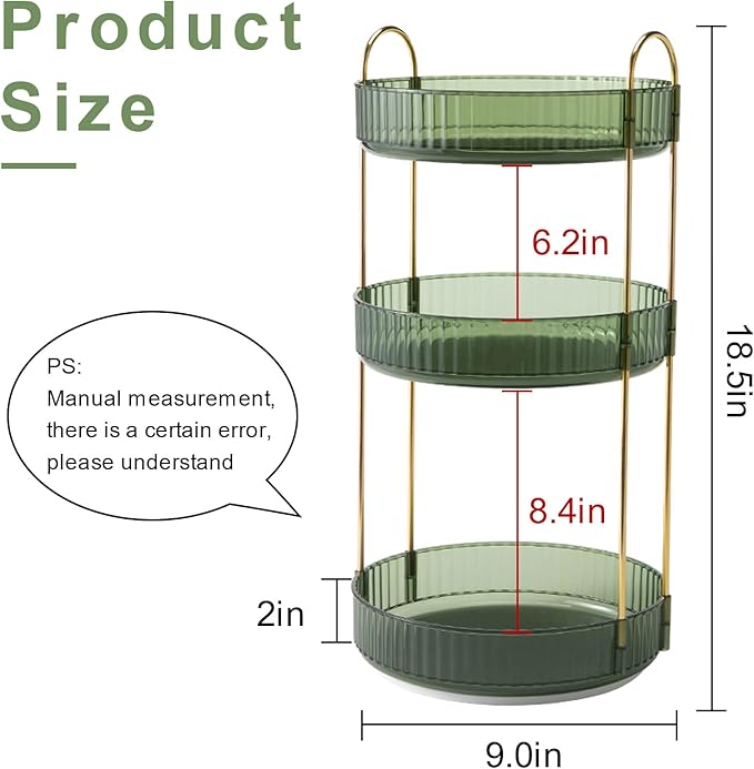 INVSSENE 360° Rotating Makeup Organizer, Bathroom Make Up Spinning Holder Rack, Large Capacity Cosmetics Storage Vanity Shelf Countertop, Fits Cosmetics, Perfume, Skincare(3 Tiers, Green)