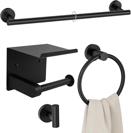 4-Pieces Wall Mount Bathroom Accessories Bathroom Hardware Set,23.6 Inch Stainless Steel Waterproof Towel Bars,Toilet Paper Holder with Shelf,Towel Ring,Coat Hook,Matte Black