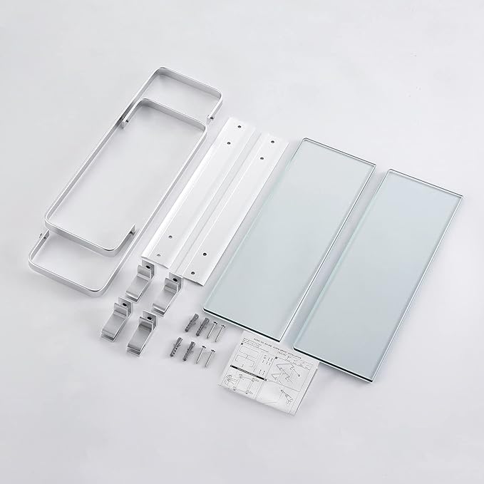 KES Bathroom Glass Shelf for Bathroom 2 Tier, Glass Storage Wall Mounted Tempered Glass and Aluminum Silver, A4126B