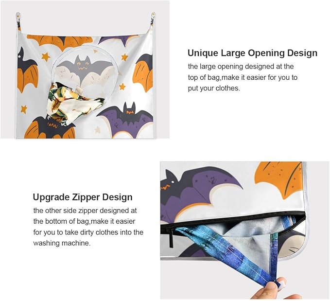 White Halloween Bats and Stars Hanging Laundry Hamper Door Hampers Bag Basket with Stainless Steel Hooks Oxford Fabric Printing Decorative Clothes Bags 29.5X20inch 2Pack
