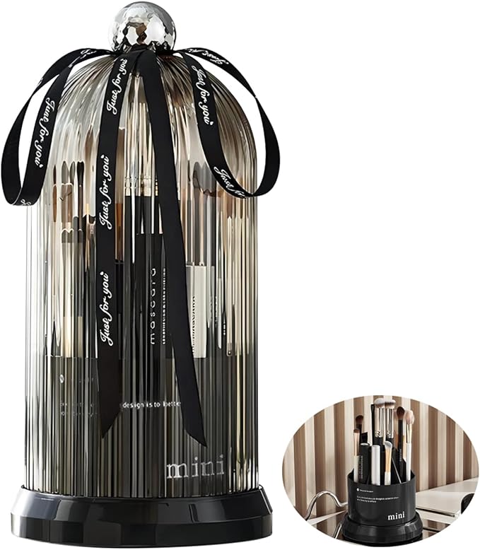 DASITON 360° Rotating Makeup Brush Holder,Covered Dustproof Makeup Brushes Organizer,7 Slot Makeup Brushes Cup,for Vanity Decor,Bathroom Countertops,Cosmetic Display cases（Black）