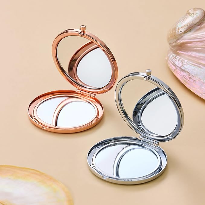 Vintage Style Desert Road Trip Art Mother of Pearl Compact Mirror, Retro West American Scenic View Pocket Mirror, Southwest Landscape Souvenir Travel Gift, Magnifying Makeup Mirror (Silver)