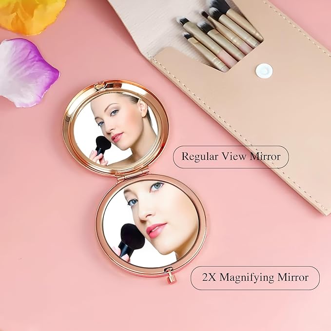 Rose Golden Compact Mirror for Purse, Double-Sided 1X/2X Magnifying, Portable Travel Makeup Mirror, Folding Mini Pocket Mirrors(Rose Gold)