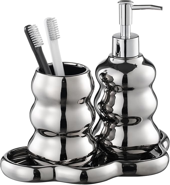 Silver Bathroom Accessory Set, 3-Piece Ceramic Bath Accessories Set with Tray, Lotion Dispenser, and Tumbler