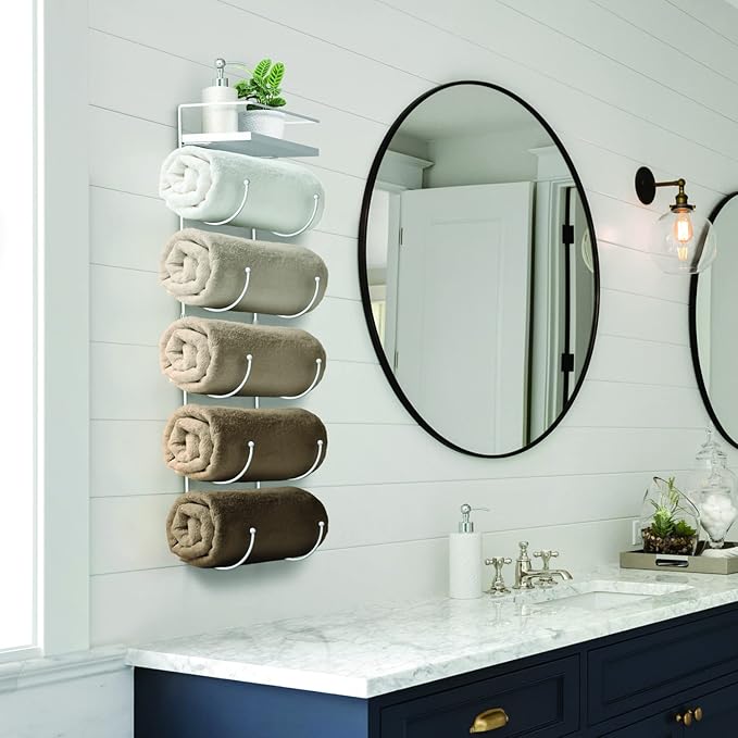 Sorbus Bathroom Towel Holder - 5 Tier Metal Towel Rack with Wood Shelf for Rolled Bath Towels, Washcloths, Linens, Hand Towels, Soaps & Accessories - Wall Mounted Towel Rack for Bathroom Towel Storage