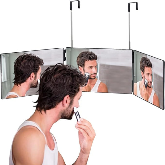 3 Way Mirror for Self Hair Cutting，Tri-Fold Makeup Mirror，360°View with Height AdjustableHooks Anti-Fog HD Glass forShaving, Braiding, DyeHair, Travel Friendly Grooming Tool,Good Choice for Gifts