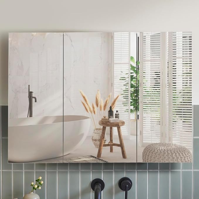 Movo 40 Inch x 28 Inch Black Bathroom Mirror Medicine Cabinet, Frameless Large Wall Mount Medicine Cabinet with 3 Doors,Rmovable Shelves