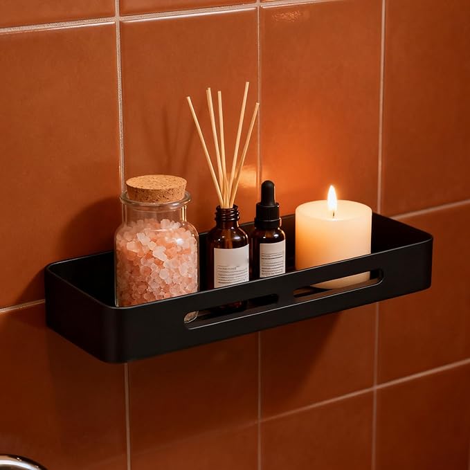 VBESTLIFE Bathroom Shelf, Wall Mounted Stainless Steel Storage Organizer with Drainage Holes for Toiletries (Black Single Layer Rack (No Drill Installation))