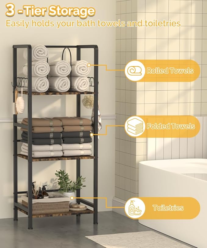 Mondazie Free Standing Towel Racks for Bathroom with U-Shaped Detachable Dividers, 3-Tier Floor Towels Holder Stand with Shelf & 8 S-Hooks, Metal Pool Towel Storage Organizer for Home, Poolside, Black