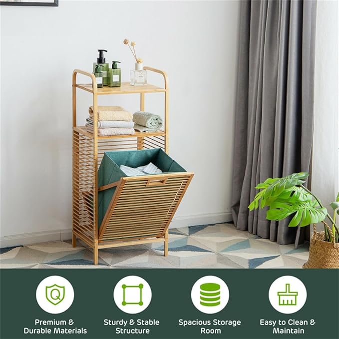 Bamboo Bathroom Storage Shelf with Tilt Out Laundry Hamper Tall Freestanding Organizer with Two Open Shelves for Towels and Toiletries Removable Fabric Bin 38 Inch Height Bathroom Furniture