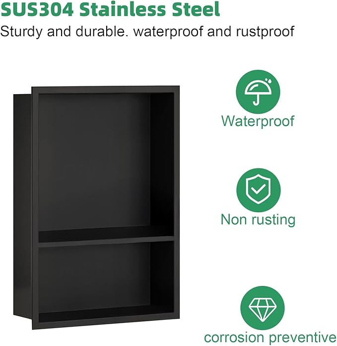 SaniteModar Shower Niche, Stainless Steel Shower Niche No Tile Needed, Recessed for Bathroom Storage (Black, 18" x 12" Double)