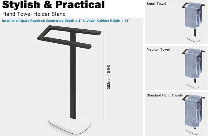 Livabber Standing Hand Towel Holder, 304 Stainless Steel Hand Towel Rack Stand with Heavy Marble Base, Bath Accessories, Towel Ring for Bathroom Kitchen Countertop, 14 Inch (Black)