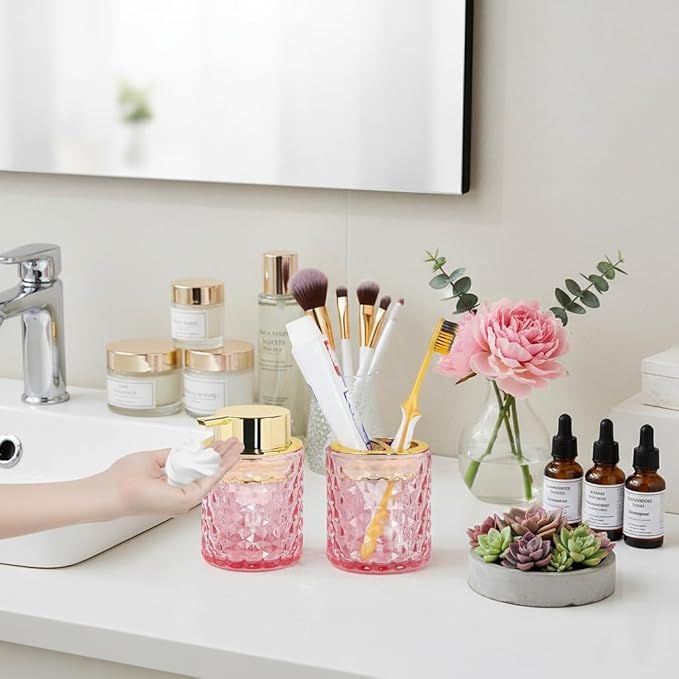 Bathroom Accessories Set 2pcs Glass Foaming Soap Dispenser and Toothbrush Holder for Bathroom Countertop, Pink Glass Bathroom Assessory Set with Gold Decor