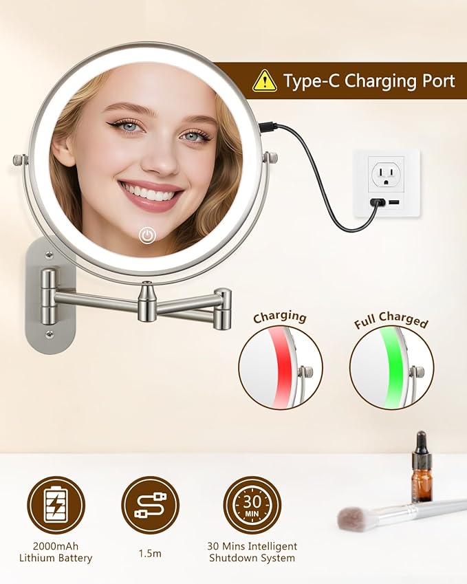DECLUTTR 9" Wall Mounted Lighted Makeup Mirror, Rechargeable 1X/20X Magnifying Mirror with Light Double Sided, Touch Dimmable 3 Color Light, 360 Rotation Vanity Mirror