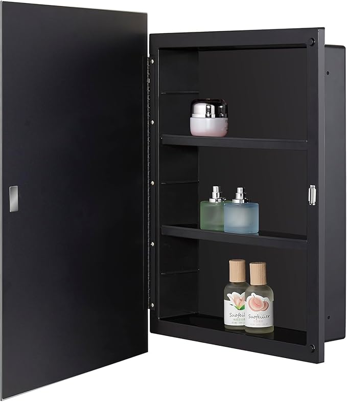 IDYLLOR Black Plastic Bathroom Medicine Mirror Cabinet 16 x 22 inch, Surface and Recessed Mount, Beveled Edge Mirror
