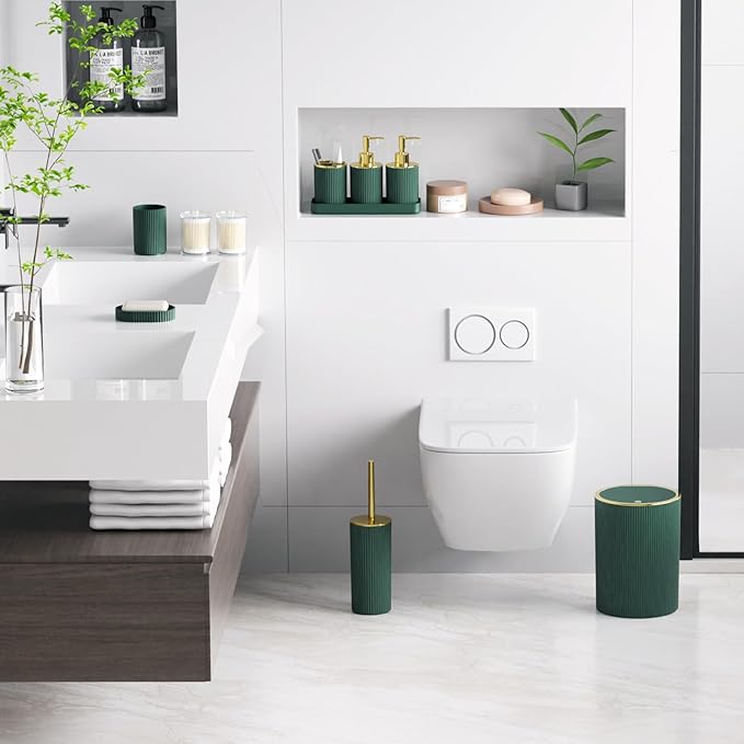Dark Green Bathroom Accessories Set, 10PC Bathroom Set, Bath Accessory with Pop Up Trash Can, Soap Dispenser, Toilet Brush, Toothbrush Set Qtip Holders & Tray