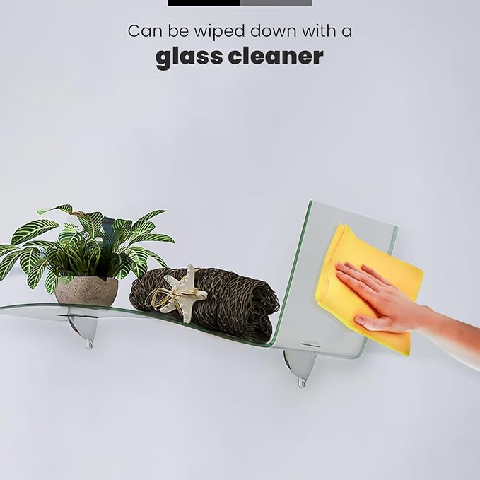 Bent Chase Shelf, 31.5” L x 8” W Inch - 3/8 Inch Thick Clear Tempered Glass Shelve with Flat Polished Edge-Comes with 2 Free Chrome Brackets and Screws for Living Room, Bedroom and Wall Decoration