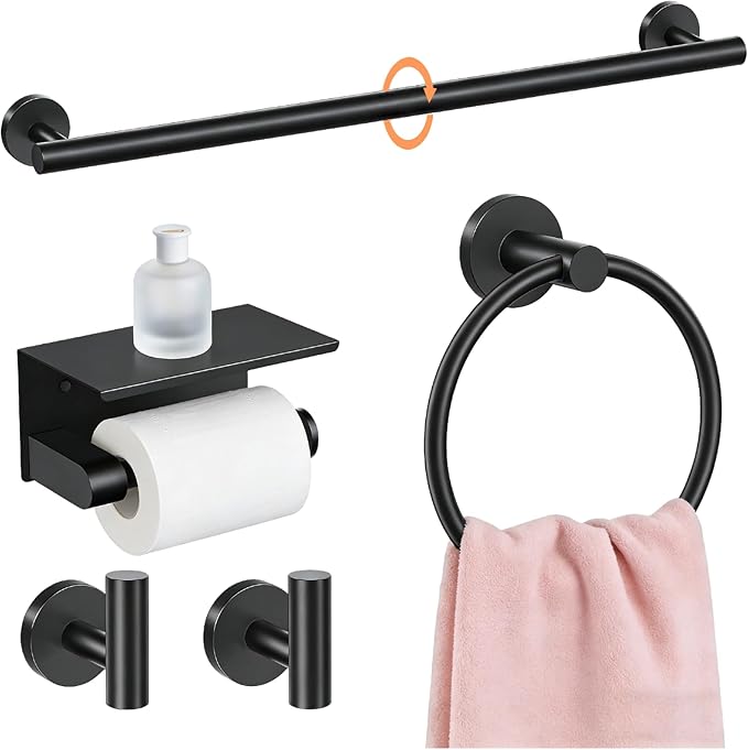 5Pcs Bathroom Hardware Accessories, 24 Inch Matte Black Bath Towel Bar Set, Toilet Paper Holder with Shelf, Stainless Steel Wall Mounted Towel Rack Set, Center Section Removable