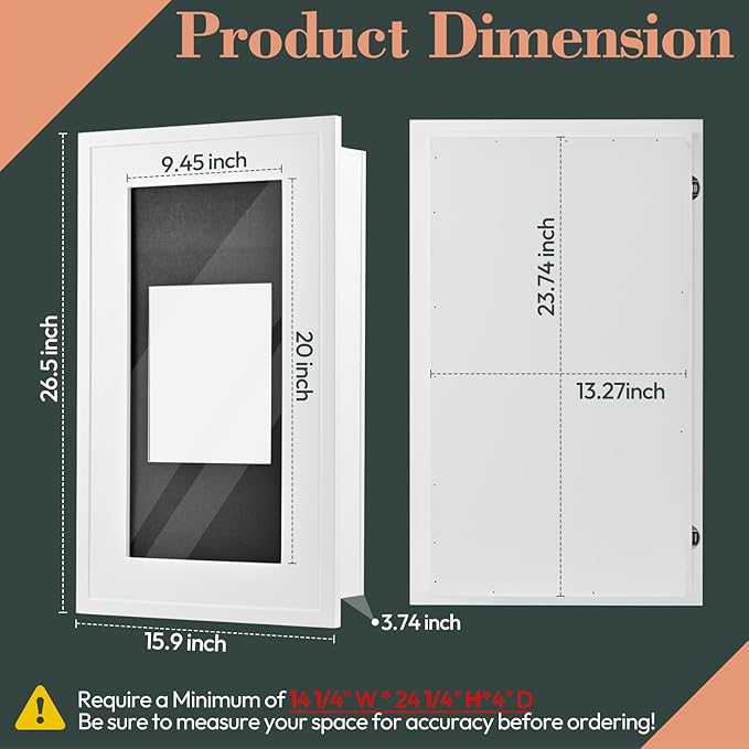 Concealed Medicine Cabinet 14×24 Recessed, Picture Frame Medicine Cabinet, Farmhouse White Wood Frame, 3 Shelves, 100% Handmade, Fully Assembled Wall Niche Insert For Bathroom,Bedroom,Hallway(White)