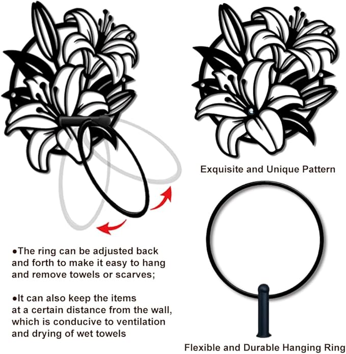 MAYJOYDIY Lily Bouquet Metal Towel Ring Round Flower Leaves Hand Towel Holder Fragrant Ring Hanger Wall Mount Black Vintage Towels Wall Organizer for Kitchen Bath Home Laundry Room Decors Gifts