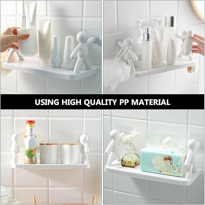 2pcs Wall-Mounted Humanoid Guardrail Storage Shelf Multi-Functional Kitchen and Bathroom Organizer Rack Floating Vanity Shelf for Toiletries and Seasoning Bottles White Gray