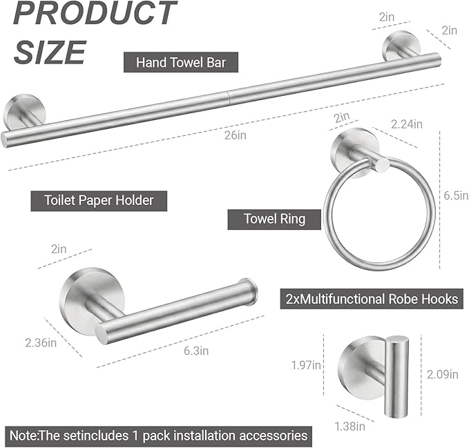 24 Inch Usable Towel Bar, 5-Piece Brushed Nickel Bathroom Accessories, SUS304 Stainless Steel Towel Ring Holder, Toilet Paper Holder with 2 Hooks, Wall Mounted Modern Bathroom Hardware Set