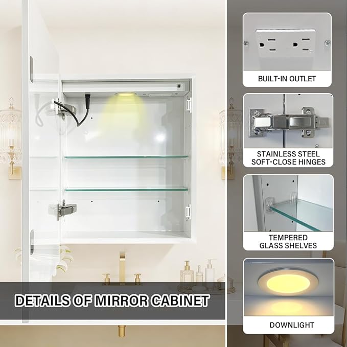 Smart Bathroom Medicine Cabinet with Integrated 3-Color LED Lighting, 20x28inch, White, Demister, USB Socket, and Recessed or Surface Mount Option
