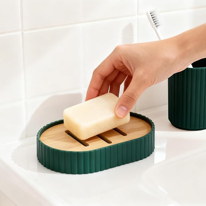 23 Pieces Bathroom Set with Shower Curtain and Rugs, Green Bathroom Accessory Set, Shower Curtain with Liner, Memory Foam Bathroom Rugs, Toilet Brush, Trash Can, Soap Dispenser, Countertop Set