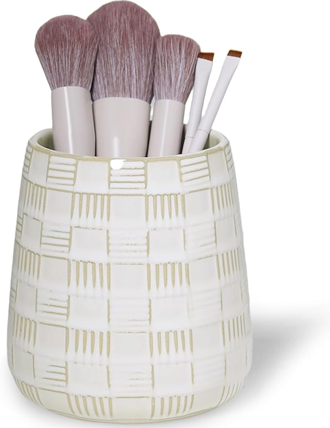 Ceramic Makeup Brush Holders, Bathroom Vanity and Countertop,Make up Brushes Cup for Cosmetics, Lipsticks, Bathroom Vanity Desktop Storage (Vintage White)