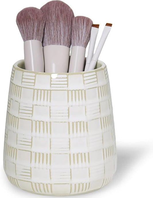 Ceramic Makeup Brush Holders, Bathroom Vanity and Countertop,Make up Brushes Cup for Cosmetics, Lipsticks, Bathroom Vanity Desktop Storage (Vintage White)