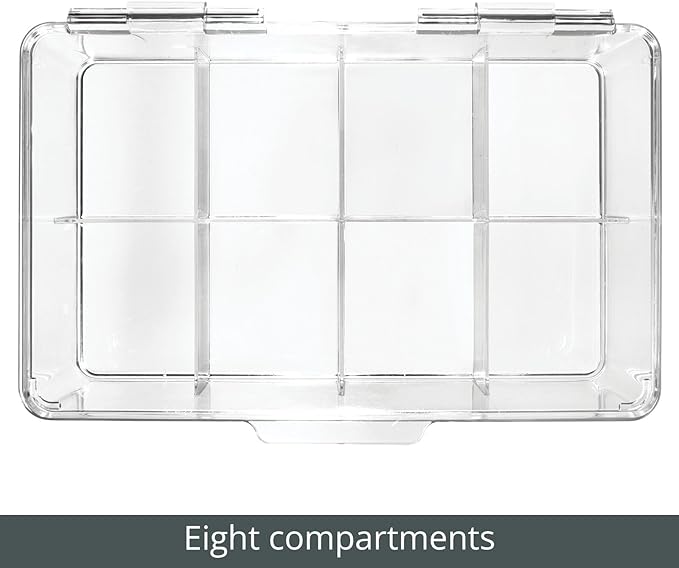 mDesign Plastic First Aid Kit Storage Box with Clear Top Lid for Bathroom, Kitchen, Cabinet, Closet, Drawer - Organizes Medicine, Ointments, Adhesive Bandages, Dental, 8 Divided Sections - Clear