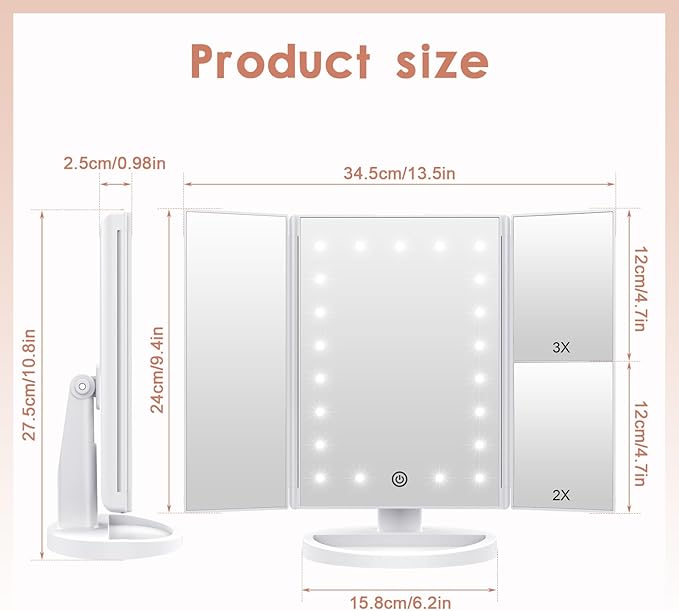WEILY Makeup Vanity Mirror with 21 LED Lights and Touch Screen, Tri-Fold 1x 2X 3X Magnification,180° Adjustable Rotationand USB Powered,Countertop Cosmetic Makeup Mirror (White)