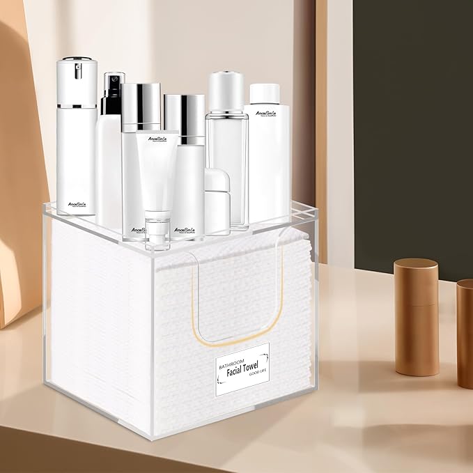 Facial Towel Holder – Disposable Face Towel Acrylic Storage Box for Bathroom, Clean Skin Club Box with Non-Slip Pads, Holds XL Clean Towels (Excluding Facial Towels) (Ready to use)