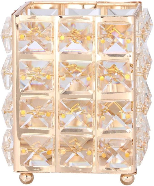 AKOAK 1 Pack Nordic Style Crystal Pen Holder Makeup Brush Eyebrow Pencil Storage Box, Square/Love-shaped/Round Metal Living Room Bedroom Dressing Table Creative Decoration (Gold - Square)