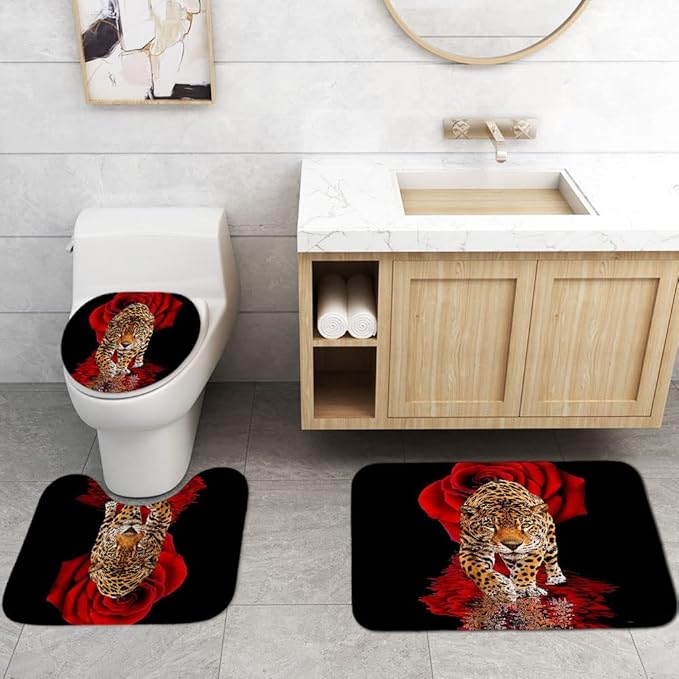 jieprom 4PCS Red Rose and Leopard Shower Curtain Set with Rugs, Toilet Lid Cover and Bath Mat, Animal Shower Curtain with 12 Hooks, Complete Bathroom Decor Set