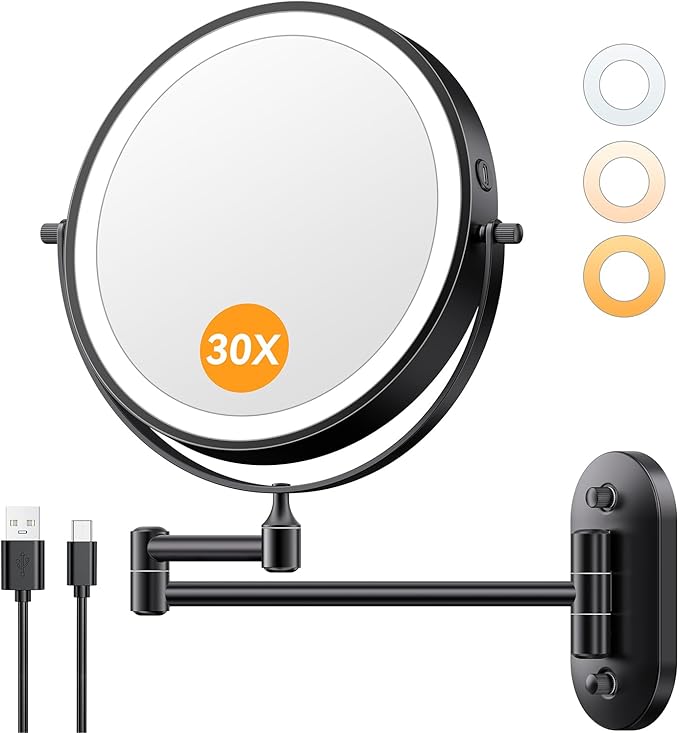 Auxmir 1X/30X Wall Mounted Lighted Makeup Mirror, 8" Rechargeable Double-Sided Magnifying Mirror with Light, Touch Dimmable 3 Color Light, 360° Rotation Foldable Extended Arm, Black