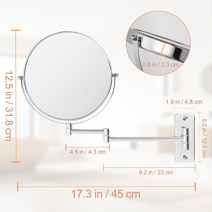 8” Wall Mounted Makeup Mirror - 1X/10X Double Sided Magnifying Bathroom Mirror, 360° Swivel Extendable Vanity Shaving Mirror with Adjustable Arm for Bathroom, Chrome（No Light）
