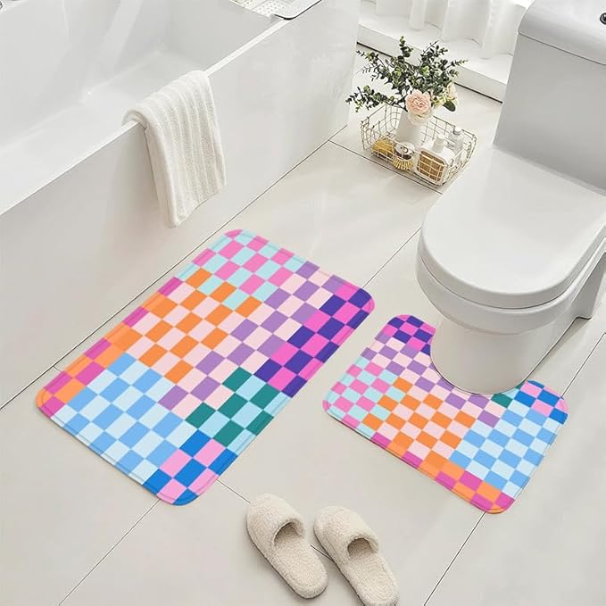 4 PCS Checkered Shower Curtain Sets Fun Gingham Bathroom Sets Soft Non Slip Bath Rugs Toilet Cover U-Shaped Mat Retro Bright Waterproof Shower Curtains with 12 Hooks for Tub Toilet, Colorful