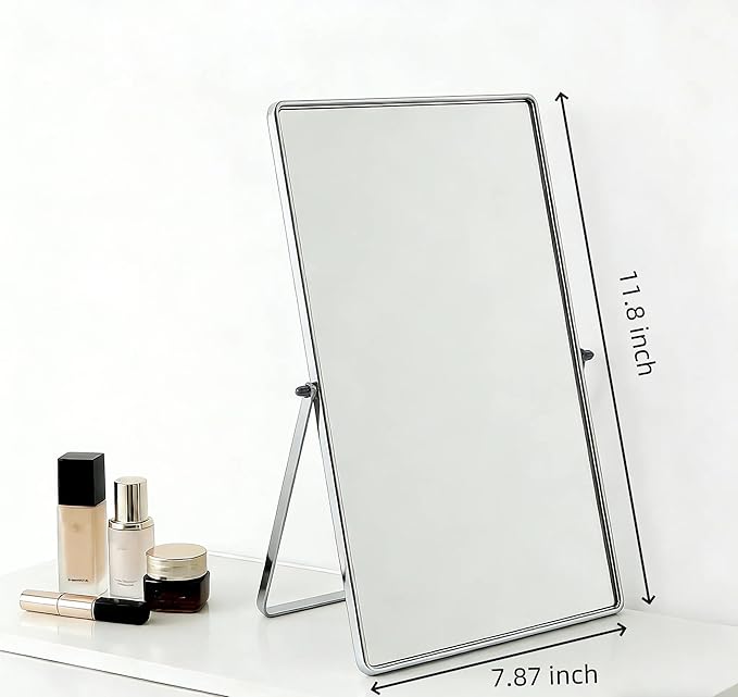 Feyarl Desktop Makeup Vanity Mirror Vertical Tabletop Mirror 90° Rotation Decorative Standing Cosmetic Mirror for Bedroom Bathroom Desk Dresser (Silver)