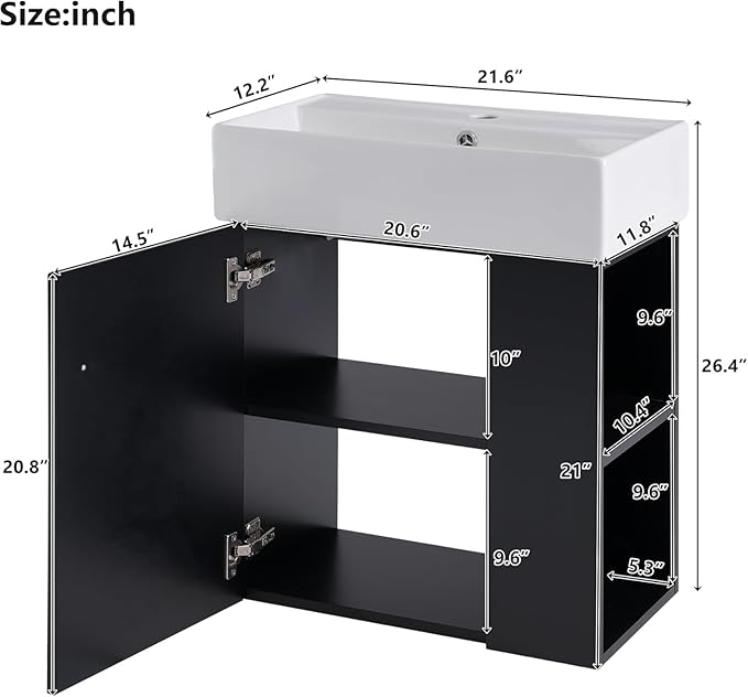 Virubi 21.6 in Floating Bathroom Vanity with Sink,Soft Closing Doors,Solid Wood Frame & MDF Modern Single Small Black Bathroom Vanity Cabinet with Open Shelf,Wall Mounted