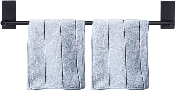 NearMoon Self Adhesive Bathroom Towel Bar- Stainless Steel Bath Wall Shelf Rack Hanging Towel Stick On Sticky Hanger Contemporary Style, NO Drilling (1 Pack, Matte Black, 24-Inch Towel Rack)